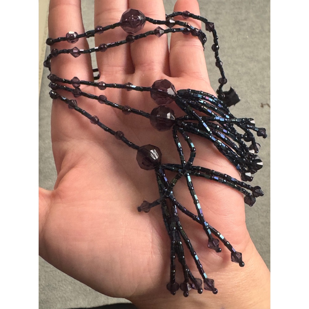 Vintage Beaded Lariat Necklace Purple Iridescent Tassel Long Boho Handmade